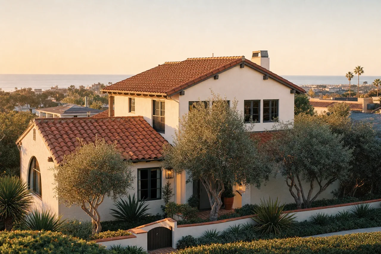 A Mediterranean coastal home in Oceanside California with a terracotta tile roof at golden hour, olive trees in the front yard.