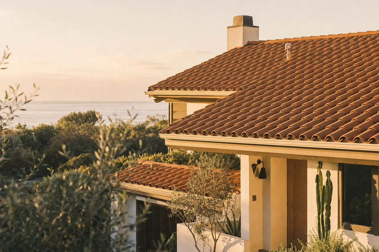 Spanish-tile roof on a coastal Oceanside home at golden hour, terracotta tiles catching warm afternoon light.